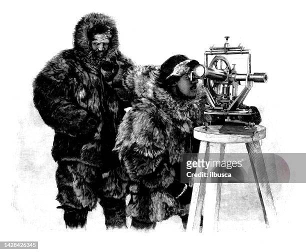 ilustraciones, imágenes clip art, dibujos animados e iconos de stock de ilustración antigua: fridtjof nansen north pole expedition, theodolite - italy vs norwegian