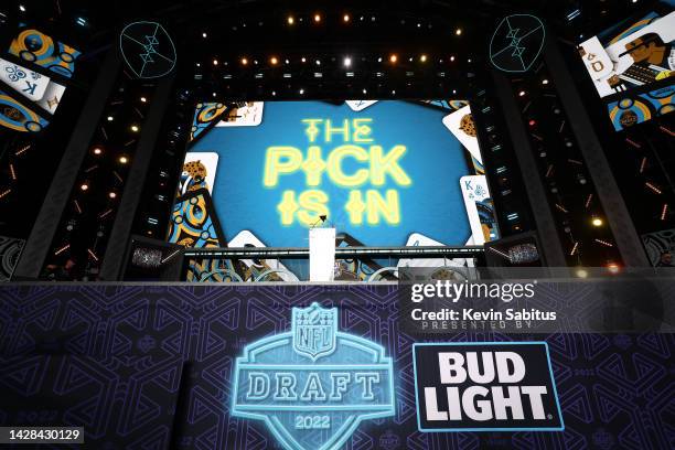 ÒThe Pick is InÓ graphic is shown during round one of the 2022 NFL Draft on April 28, 2022 in Las Vegas, Nevada.