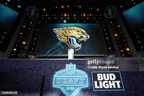 General view of the number one pick presented to the Jacksonville Jaguars during round one of the 2022 NFL Draft on April 28, 2022 in Las Vegas,...