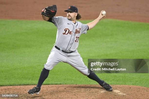 Andrew Chafin of the Detroit Tigers pitches during a baseball game against the Baltimore Orioles at Oriole Park at Camden Yards on September 20, 2022...