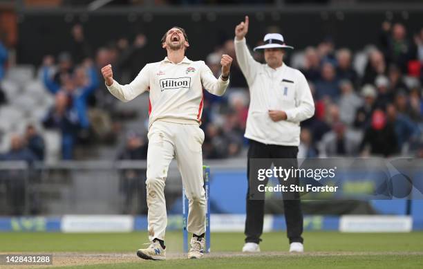 Lancashire bowler Tom Bailey celebrates the wicket of Surrey batsman Jordan Clark during the third day of the LV= Insurance County Championship match...