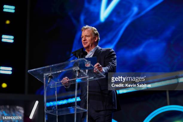 Commissioner Roger Goodell of the NFL announces the Los Angeles Chargers pick during round one of the 2022 NFL Draft on April 28, 2022 in Las Vegas,...