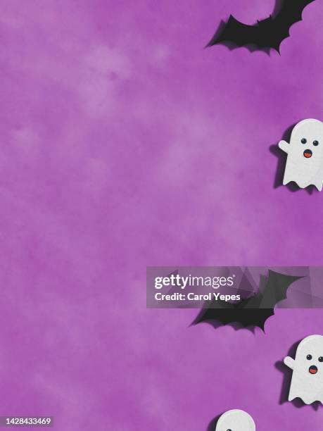 halloween background. bat and ghost in purple.space for copy - halloween craft stock pictures, royalty-free photos & images