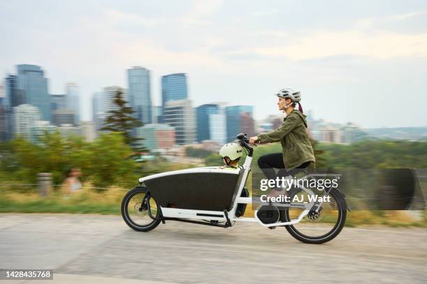 mamma e in sella a una bici da carico con il suo giovane figlio su un sentiero del parco - helmet cart foto e immagini stock