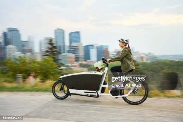 mom and riding a cargo bike with her young son on a park path - helmet cart stock pictures, royalty-free photos & images