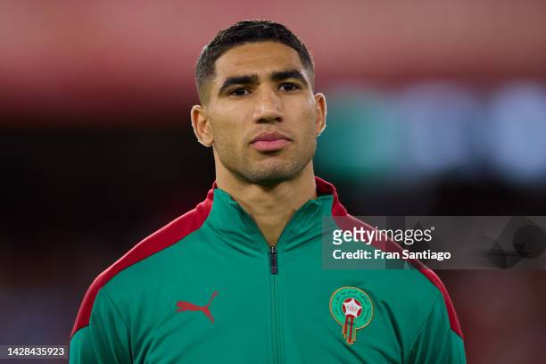 Achraf Hakimi of Morocco looks on during a friendly match between Paraguay and Morocco at Estadio Benito Villamarin on September 27, 2022 in Seville,...