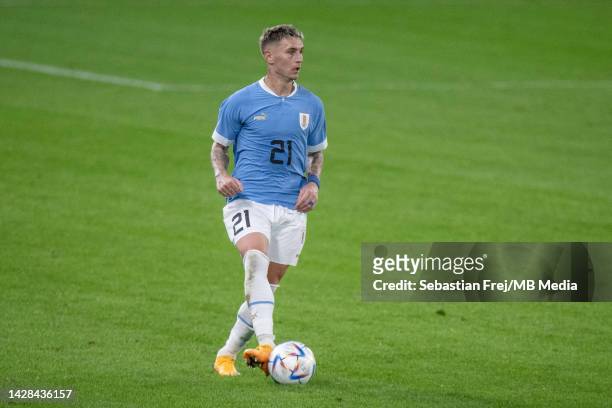 Guillermo Varela of Uruguay control ball during the international friendly match between Uruguay and Canada at Tehelne pole on September 27, 2022 in...