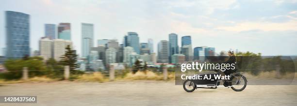 mom and her young son riding a cargo bike on a park path - helmet cart stock pictures, royalty-free photos & images