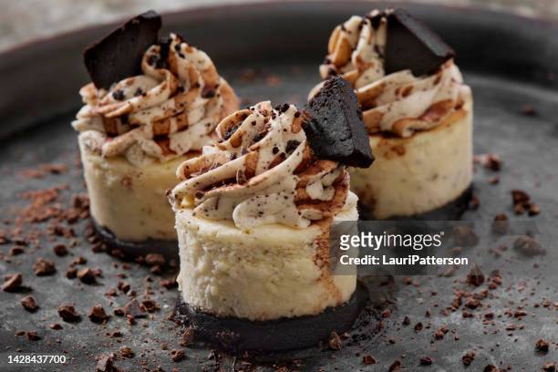 mini cookies and cream cheesecake's - toetje stockfoto's en -beelden