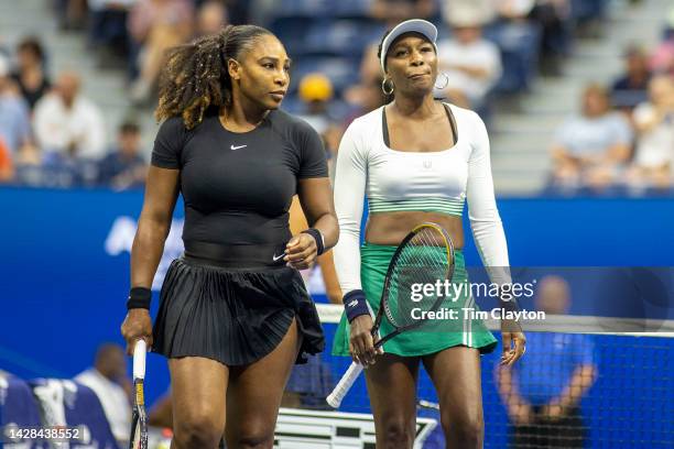 September 01: Serena Williams and Venus Williams of the United States during their Women's Doubles match on Arthur Ashe Stadium against Lucie...