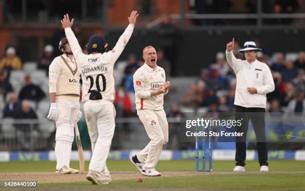 Lancashire bowler Matt Parkinson celebrates the final wicket of Surrey batsman Kemar Roach to win the match during the third day of the LV= Insurance...