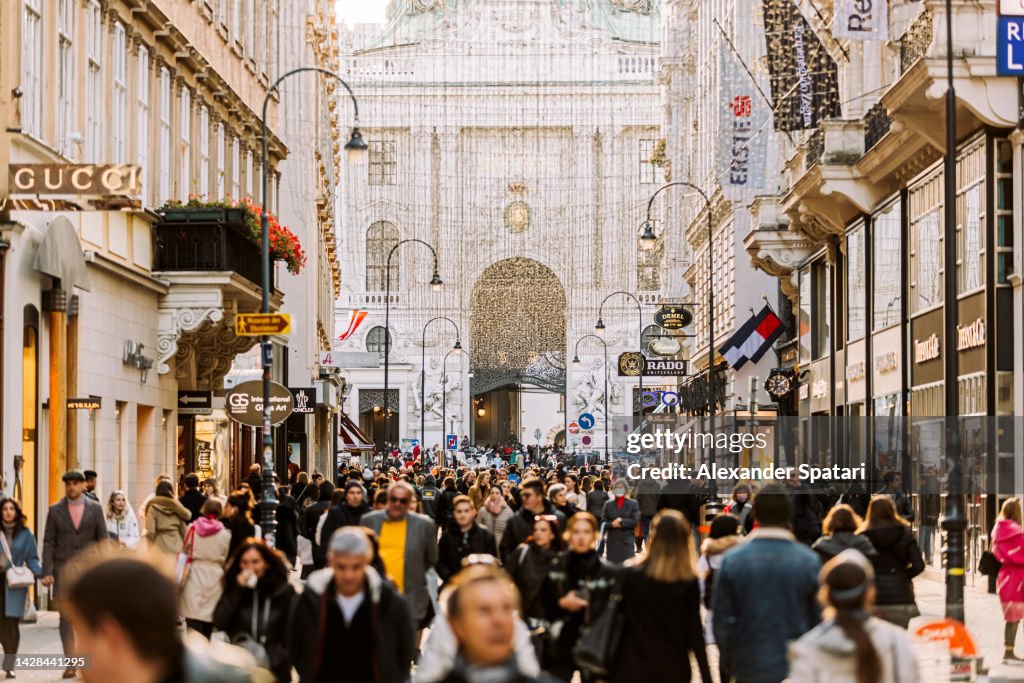 Crowds of people on the shopping street in Vienna, Austria
