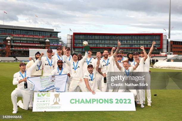 Surrey captain Rory Burns leads the celebrations after Surrey win the First Division Title after the LV= Insurance County Championship match between...