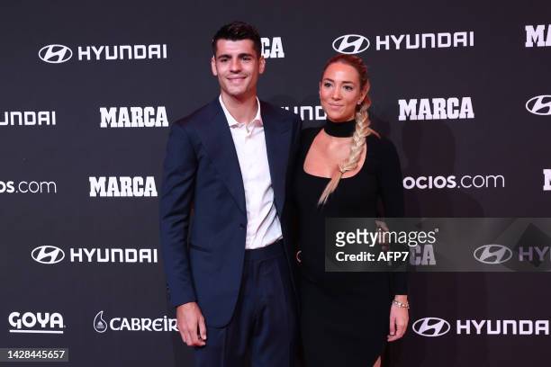 Alvaro Morata and his wife, Alice Campello, attends the photocall during the MARCA Football Awards 2022 celebrated at Goya Theater on September 28 in...