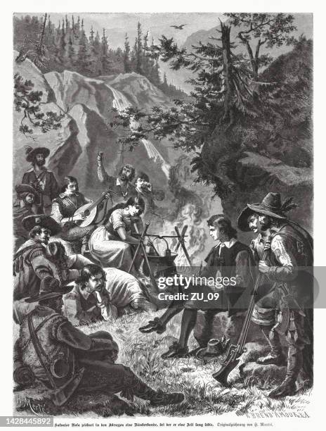 salvator rosa draws a gang of robbers, woodcut, published 1885 - campfire art stock illustrations