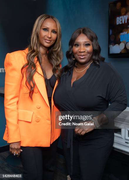 Iman poses with Bevy Smith on Radio Andy at the SiriusXM Studios on September 28, 2022 in New York City.