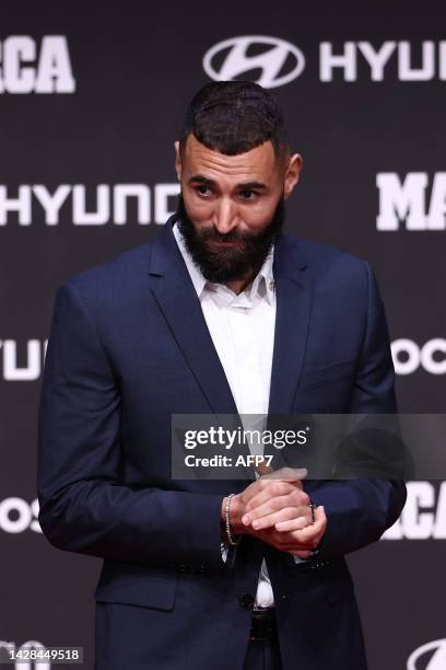 Karim Benzema receives the MVP of the fans, Alfredo Di Stefano and Top Scorer Pichichi trophies during the Gala of the MARCA Football Awards 2022...