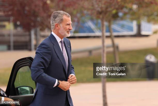 King Felipe Vl upon his arrival at the World Media Congress, where he will deliver the Golden Pen, on September 28, 2022 in Zaragoza, Spain. Today...