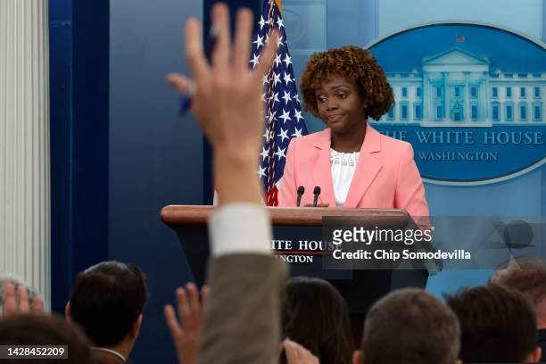 White House Press Secretary Karine Jean-Pierre talks to reporters during the daily news conference in the Brady Press Briefing Room at the White...