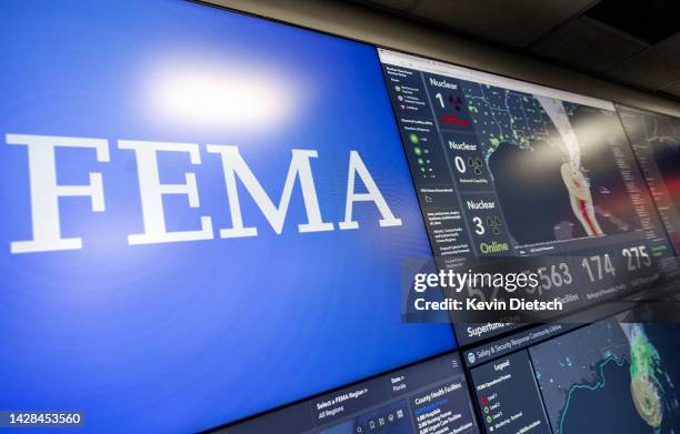 Screens display information on Hurricane Ian inside the National Response Coordination Center at the Federal Emergency Management Agency...