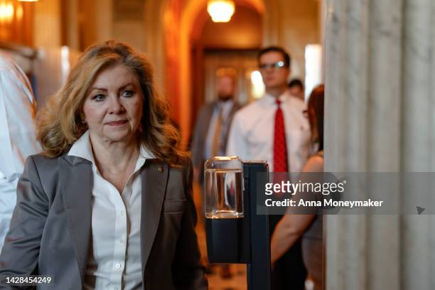 Sen. Marsha Blackburn walks to a policy luncheon with Senate Republicans at the U.S. Capitol Building on September 28, 2022 in Washington, DC....