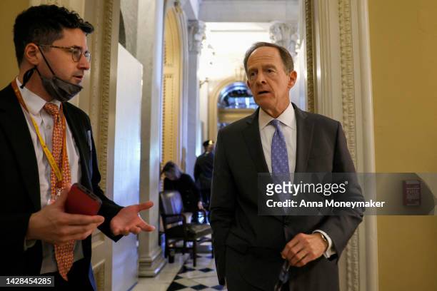 Sen. Pat Toomey speaks with reporters before attending a policy luncheon with Senate Republicans at the U.S. Capitol Building on September 28, 2022...