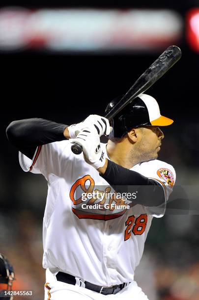 Ronny Paulino the Baltimore Orioles bats against the New York Yankees at Oriole Park at Camden Yards on April 11, 2012 in Baltimore, Maryland.