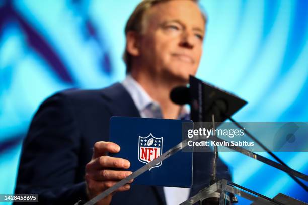 Commissioner Roger Goodell of the NFL announces a pick during round two of the 2022 NFL Draft on April 28, 2022 in Las Vegas, Nevada.