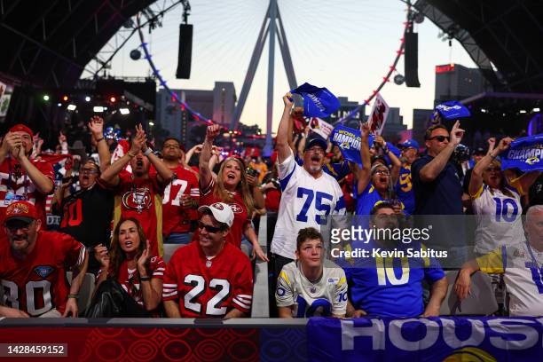 San Francisco 49ers fans and Los Angeles Rams fans cheer during round three of the 2022 NFL Draft on April 28, 2022 in Las Vegas, Nevada.