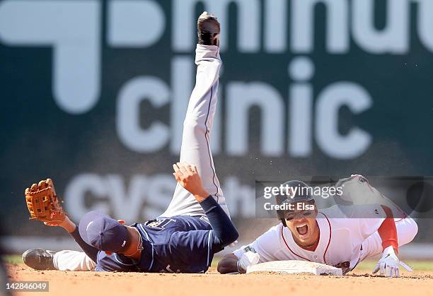 Jacoby Ellsbury of the Boston Red Sox reacts after he was injured in a double play in the bottom of the fourth inning by Reid Brignac of the Tampa...