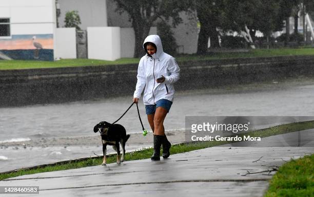 Local resident walks her dog in the rain and wind at the bay of Saint Petersburg as Hurricane Ian approaches on September 28, 2022 in St. Petersburg,...