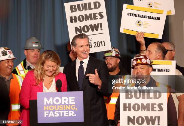 California Gov. Gavin Newsom points to California Assemblymember Buffy Wicks during a press conference on September 28, 2022 in San Francisco,...