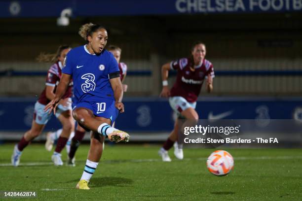 Lauren James of Chelsea FC takes a penalty which was saved by Mackenzie Arnold of West Ham United during the FA Women's Super League match between...