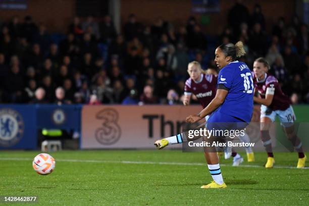 Lauren James of Chelsea FC takes a penalty which was saved by Mackenzie Arnold of West Ham United during the FA Women's Super League match between...