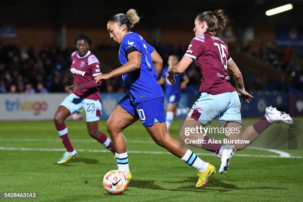Lauren James of Chelsea FC is tackled by Lucy Parker of West Ham United which leads to a penalty awarded to Chelsea FC during the FA Women's Super...