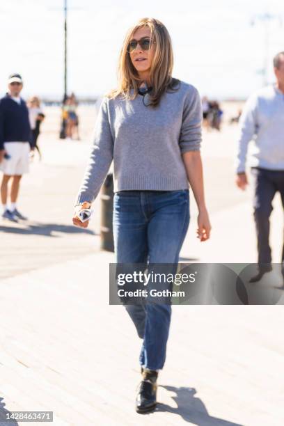 Jennifer Aniston is seen filming "The Morning Show" at Coney Island on September 28, 2022 in New York City.