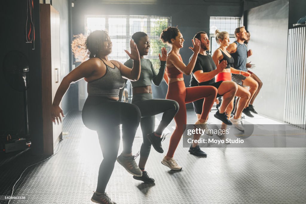 Diversity in gym class doing workout, training and exercise. Multicultural, happy and diverse people with different body shape and size exercising and active at a gym for fitness, wellness and cardio
