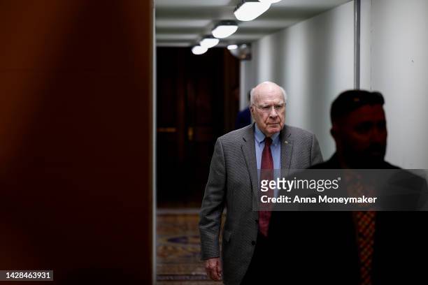 Sen. Pat Leahy departs from a Senate Democratic luncheon at the U.S. Capitol on September 28, 2022 in Washington, DC. Yesterday the U.S. Senate held...