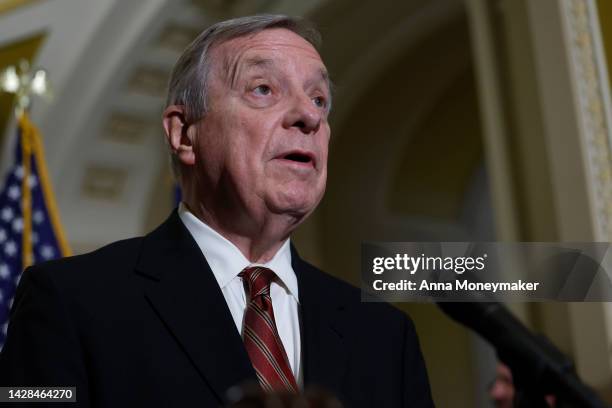 Sen. Richard Durbin speaks during a press conference following a Senate Democratic luncheon at the U.S. Capitol on September 28, 2022 in Washington,...