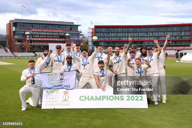 Surrey captain Rory Burns leads the celebrations after Surrey win the First Division Title after the third day of the LV= Insurance County...