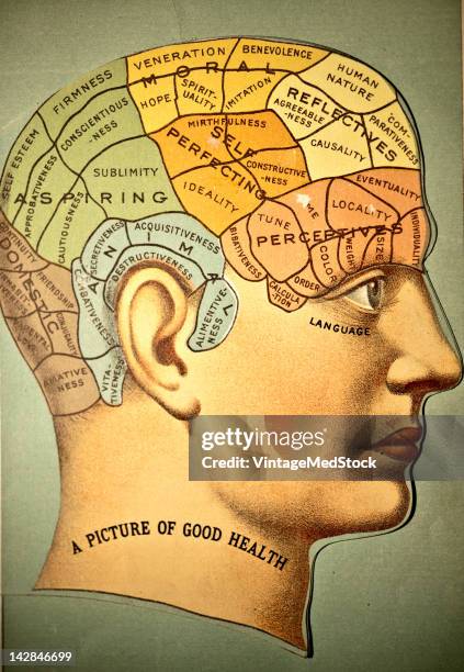 Medical illustration from 'A System of Human Anatomy Including its Medical and Surgical Relations' shows the phrenology chart, 1883.