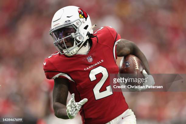 Wide receiver Marquise Brown of the Arizona Cardinals runs with the football after a reception against the Los Angeles Rams during the first half of...