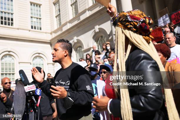 Akeem Browder, brother of Kalief Browder, speaks during a rally outside of City Hall before the start of a City Council hearing on Intro 549 on...