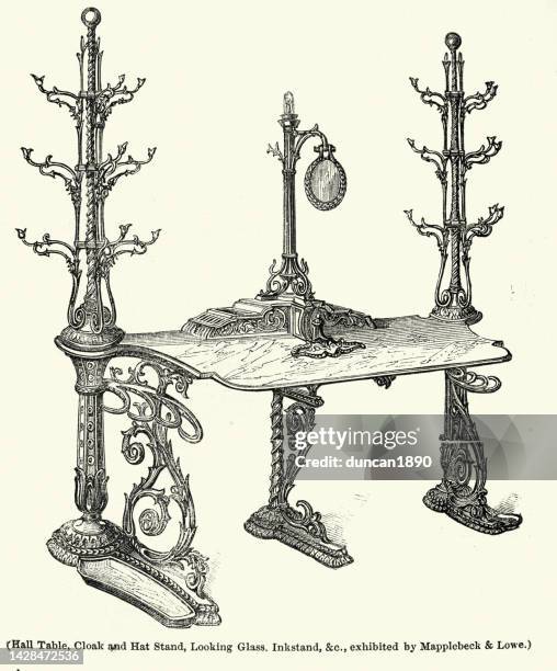 hall table, cloak and hat stand, looking glass, inkstand, victorian english furniture, 1840s, 19th century - coat rack stock illustrations