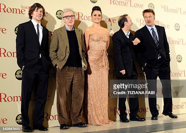 Us actor Jesse Eisemberg, US film director Woody Allen, Spanish actress Penelope Cruz, Italian actor Roberto Benigni and US actor Alec Baldwin pose...