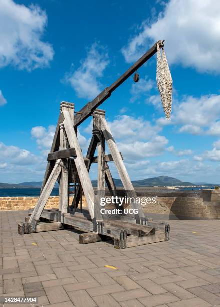 Old siege machine, Alghero Ramparts, Sardinia, Italy.