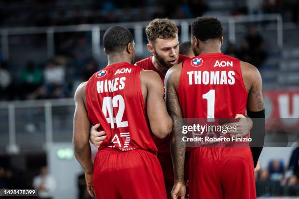 Kyle Hines of EA7 Emporio Armani Milan, Nicolò Melli of EA7 Emporio Armani Milan and Deshaun Thomas of EA7 Emporio Armani Milan during the LBA...