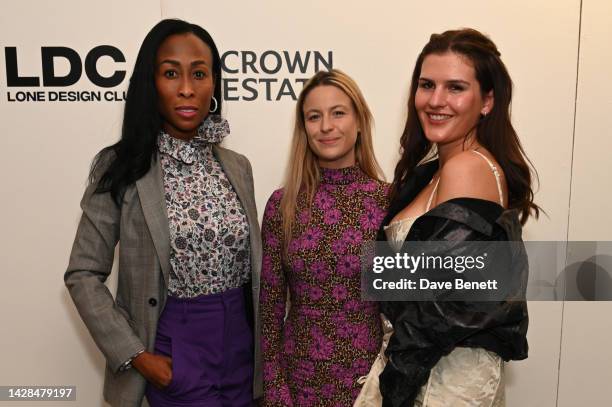 Anne Welsh, Rebecca Morter and Nicole Whittle attend the Lone Design Club x The Crown Estate closing night celebration on September 28, 2022 in...
