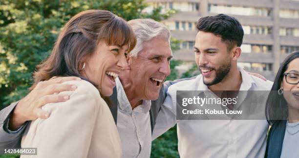 success, celebration and a business team outside with smile and hug, excited about successful deal. teamwork, support and men and women in office garden. work, diversity and celebrating a happy win. - corporate celebration imagens e fotografias de stock