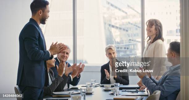 celebration, clapping and success for business meeting with congratulations to global team leader or manager for staff strategy. corporate marketing company target goal woman winner is motivation - corporate celebration imagens e fotografias de stock